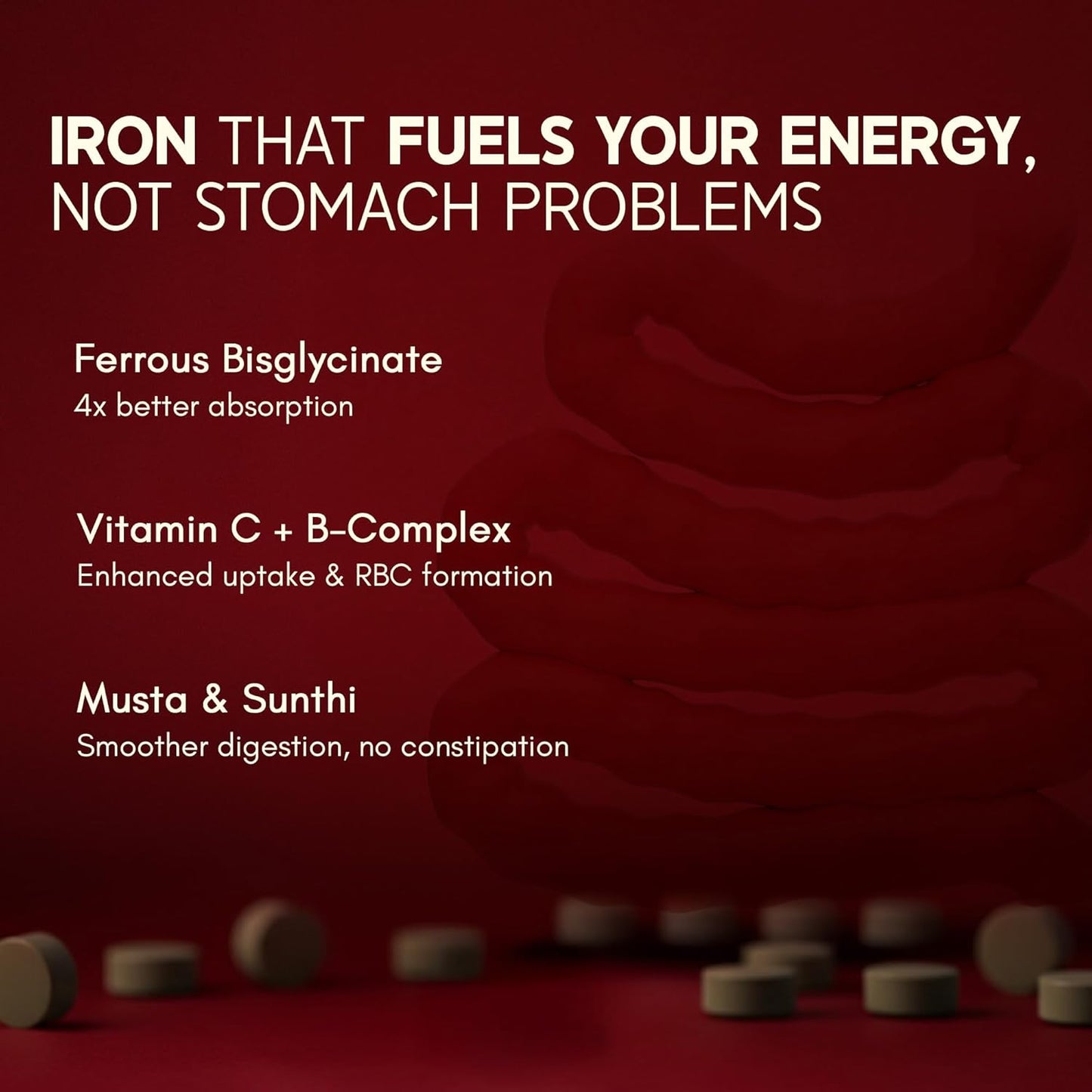 Advertisement for iron supplements with text on a red background