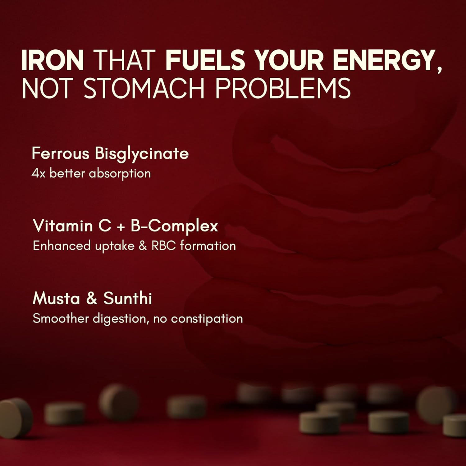 Advertisement for iron supplements with text on a red background