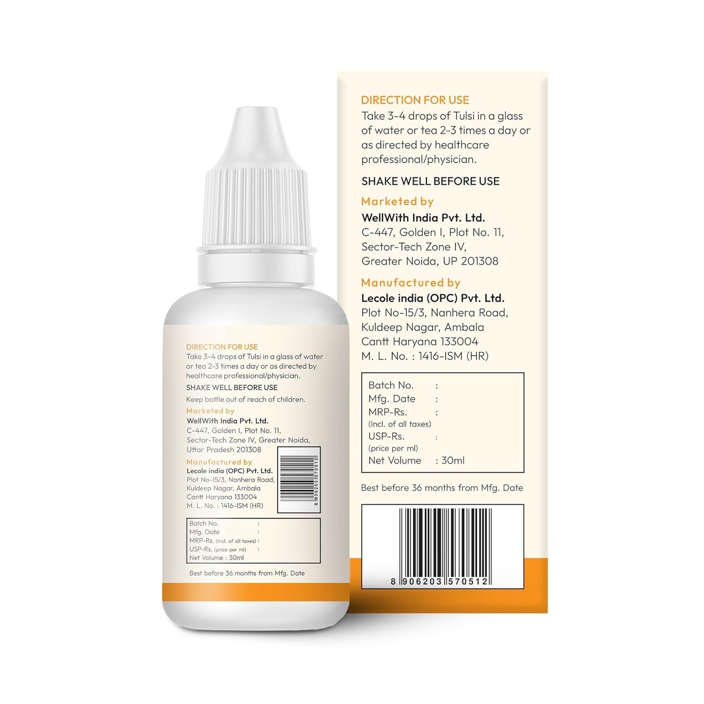 Wellwith Tulsi Curcumin Drops, 5 Types of Tulsi, Curcumin & Piperine, Rich in Vitamin C, No Artificial Fragnance (30ml, Pack of 1)