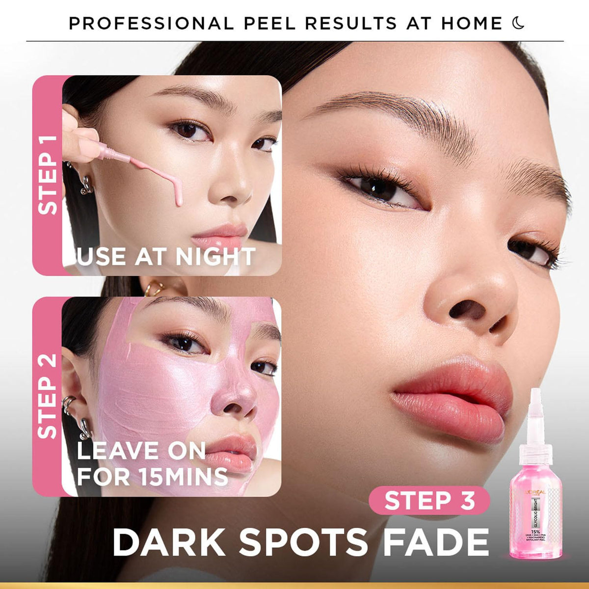 Facial peel product with step-by-step instructions on a woman's face.