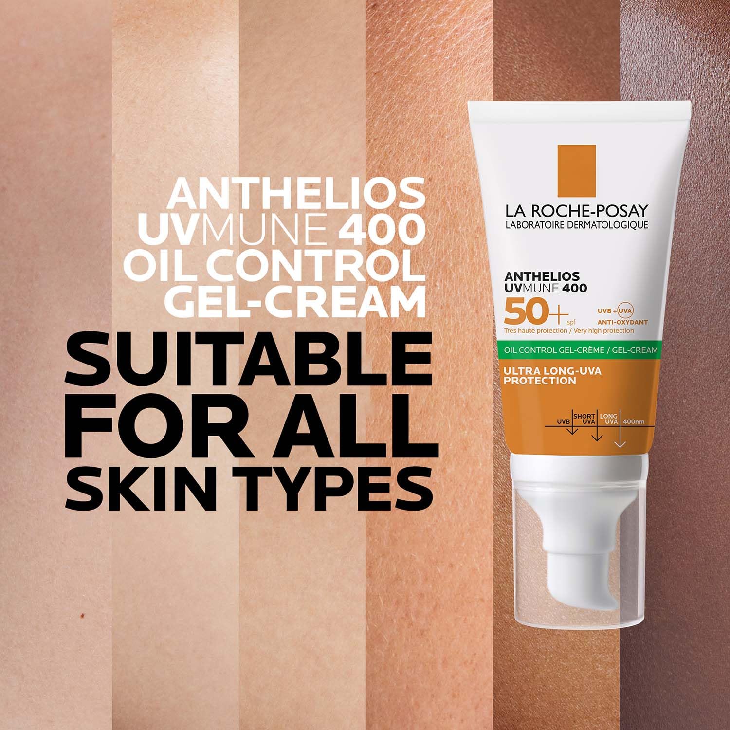 La Roche-Posay Anthelios UVMUNE 400 oil control gel-cream on a striped background