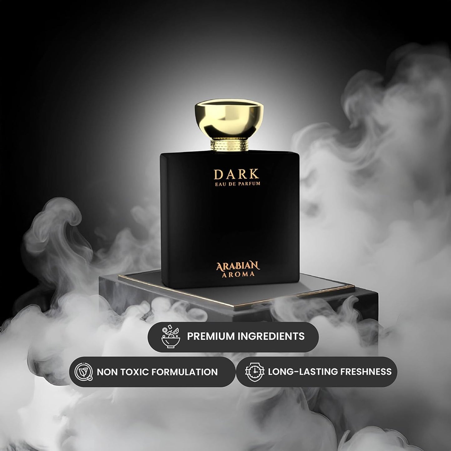 Black perfume bottle with gold cap labeled 'Dark' by Arabian Aroma on a dark background with smoke effects.