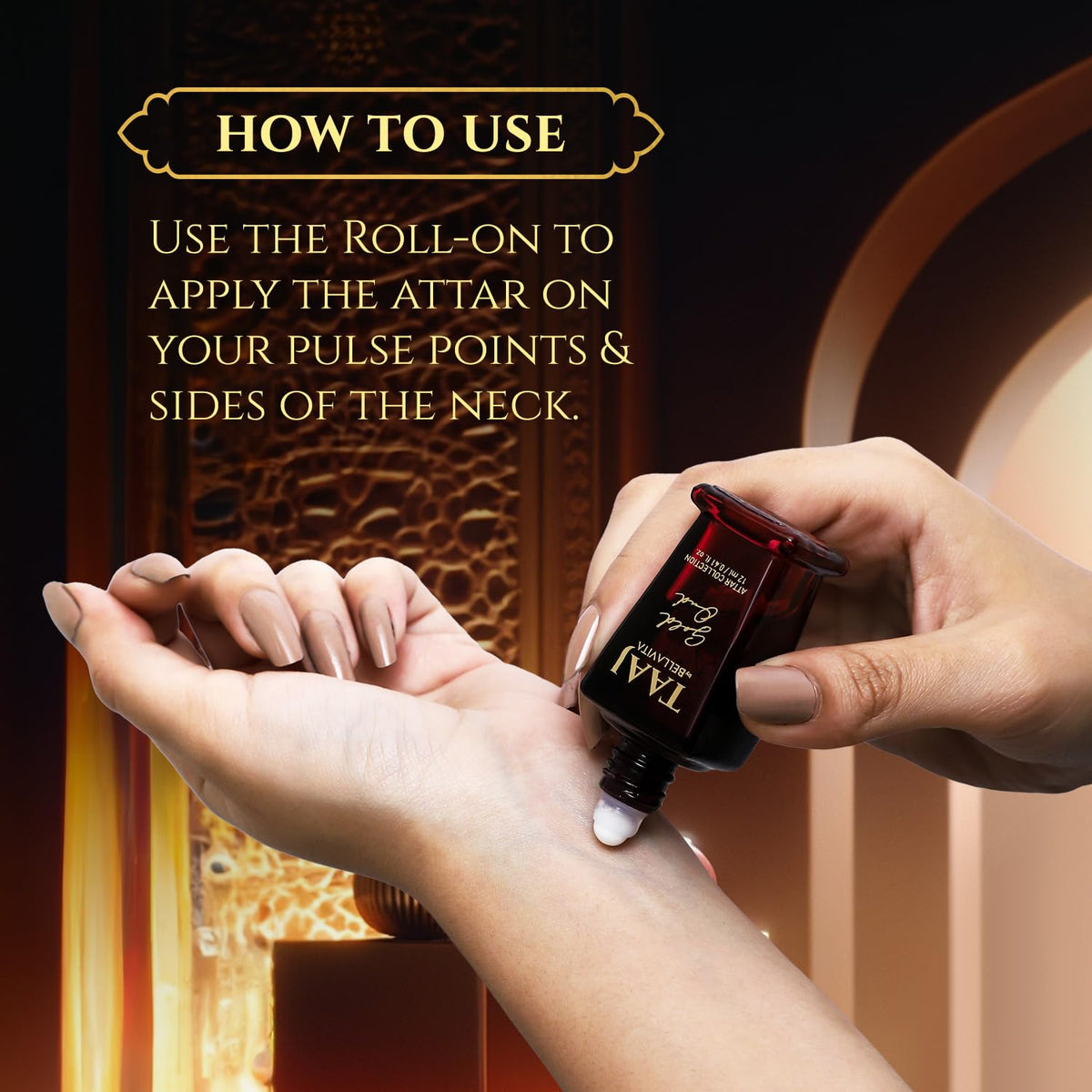 Person applying attar from a roll-on bottle to their wrist with text on how to use it.