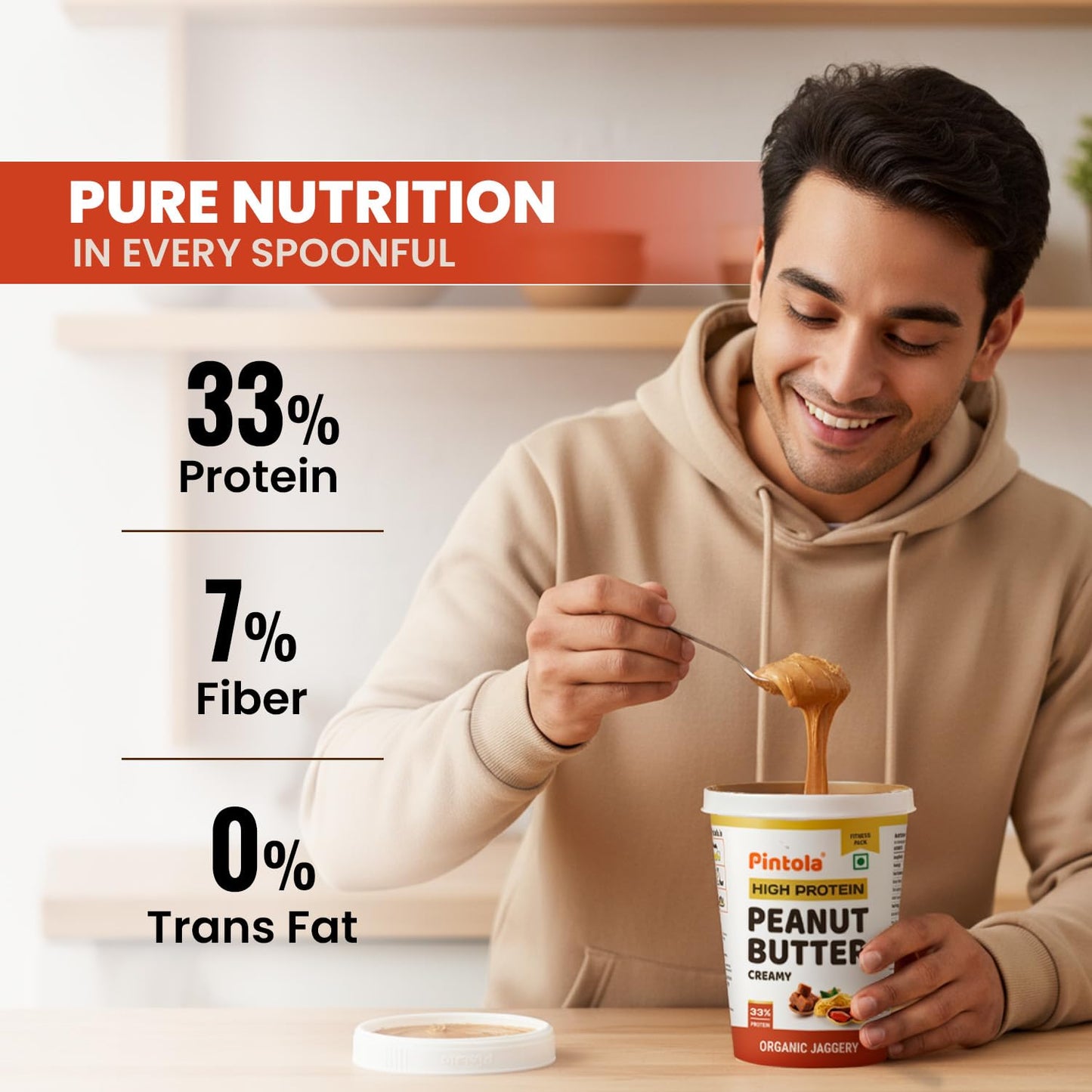 Pintola HIGH Protein ORGANIC JAGGERY Peanut Butter Creamy with 33g Protein & 7g Fiber, Whey Protein Peanut Butter, Gluten Free, Zero Added Salt, Cholesterol Free, 100% Roasted Peanuts