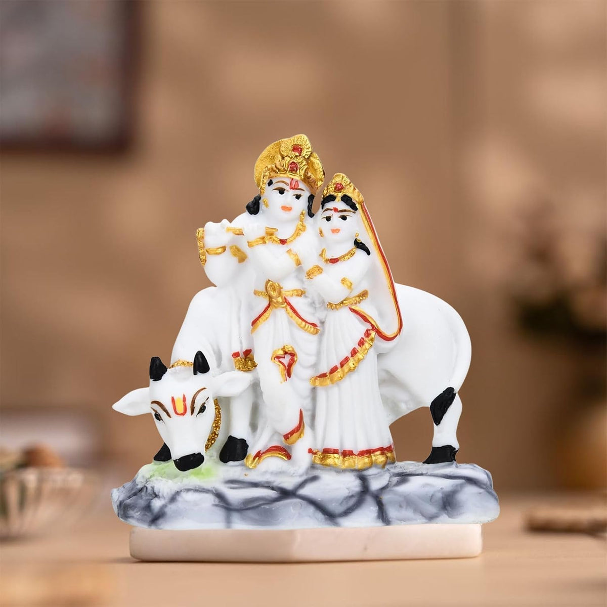 Kamdhenu Cow Calf Resin with Radha Krishna Home Office Resin Marti Figurine Puja Room Mandir Temple Home Décor Decoration Item and Gifts Wedding Housewarming Gift10 Cm,10 Cm