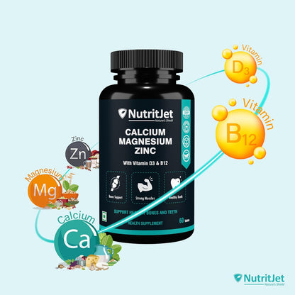 Calcium Magnesium Zinc Vitamin D3 Vitamin B12 & Vitamin K2 – 60 Vegetarian Tablets for Bone Health, Joint Support, and Immunity Support for Women & Men