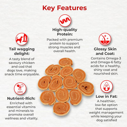Drools Adult & Puppy Dog Cod Roll Treats 70g | Real Chicken Flavour | Rich in Protein | No Artificial Preservatives | Best for Training & Bonding | All Breed