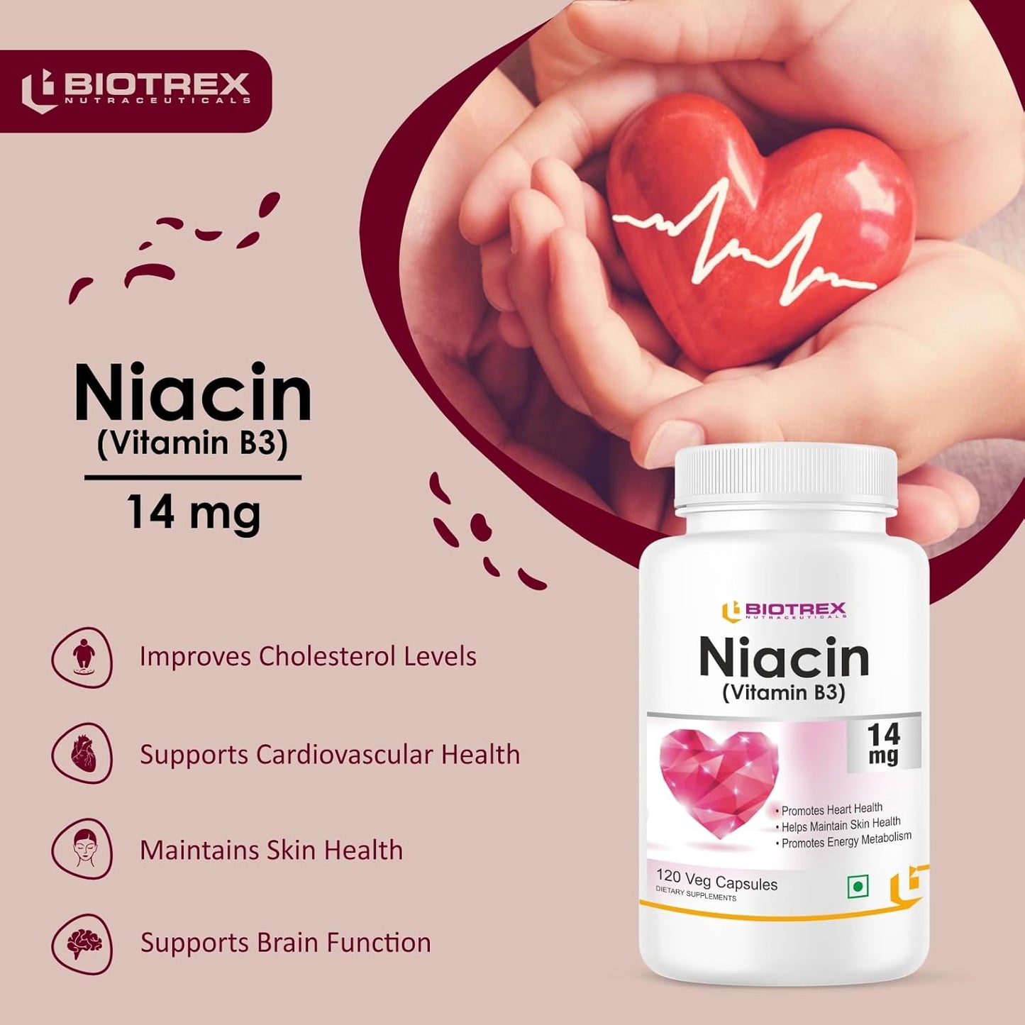 Biotrex Nutraceuticals Niacin 14mg Vitamin B3 With Inositol 50mg Supplement | for Vascularity & Increase Cellular Energy, Non-GMO, Gluten Free, As Per RDA Allowance - 120 Veg Capsules