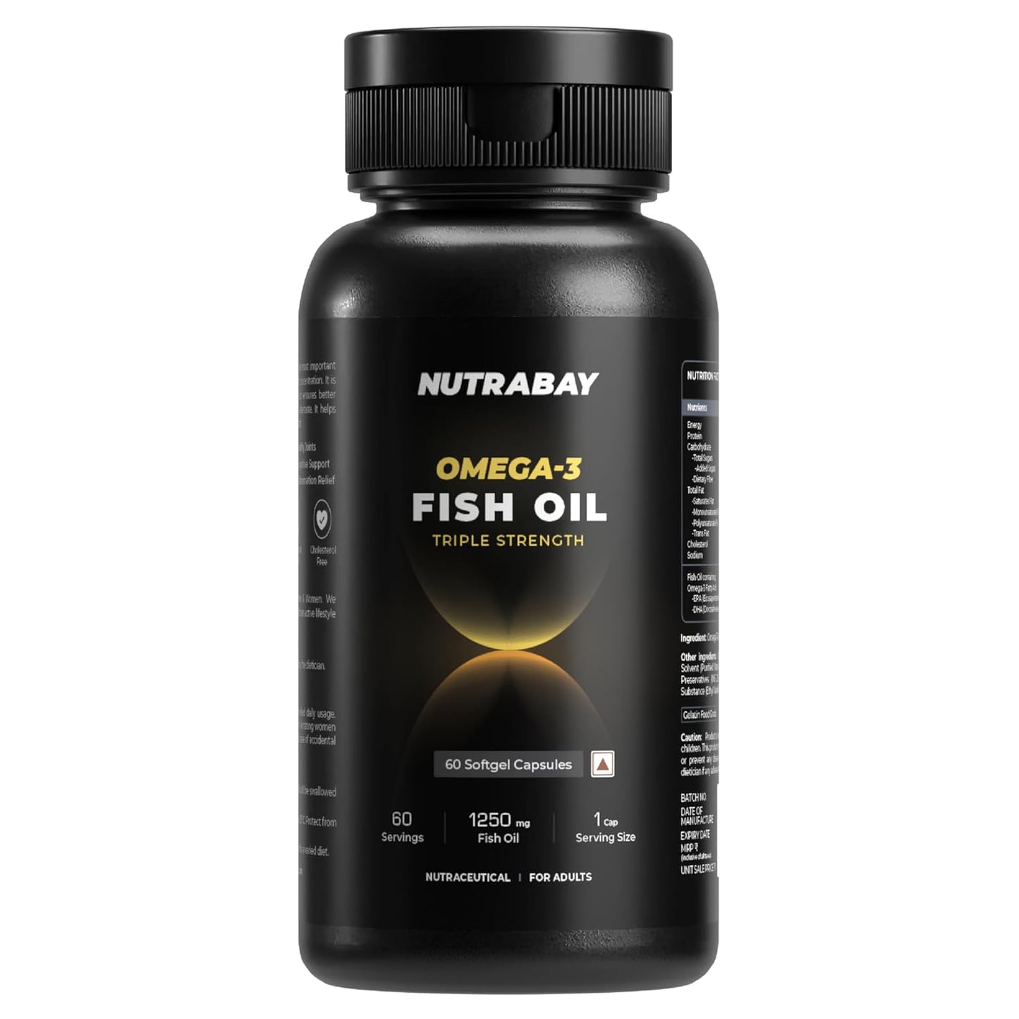 Black bottle of Nutrabay Omega-3 Fish Oil on a white background