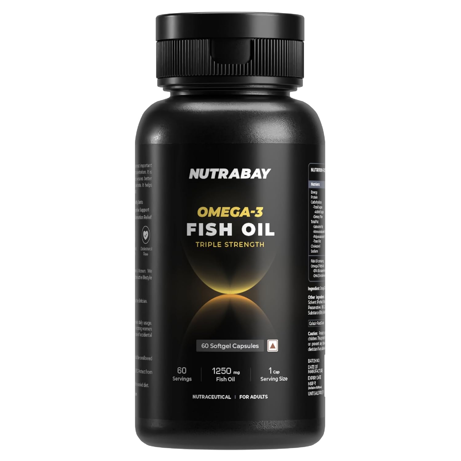 Black bottle of Nutrabay Omega-3 Fish Oil on a white background
