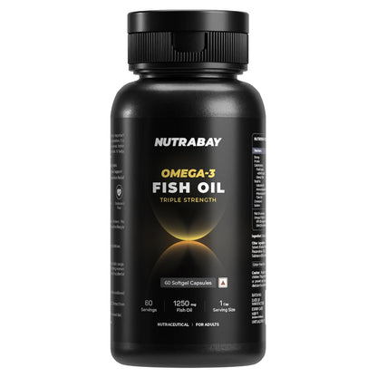 Black bottle of Nutrabay Omega-3 Fish Oil on a white background