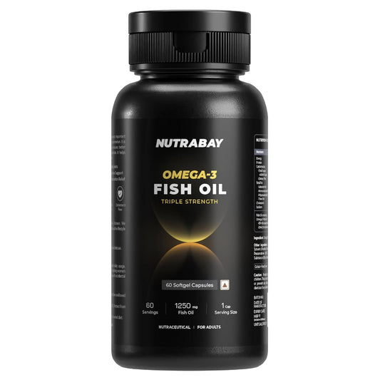 Black bottle of Nutrabay Omega-3 Fish Oil on a white background