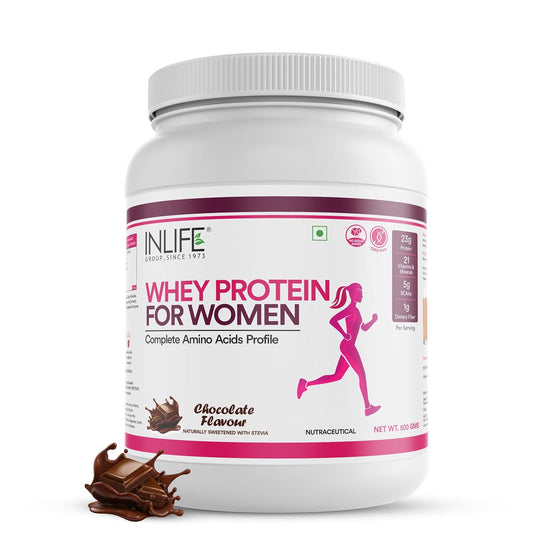 INLIFE Whey Protein Powder for Women | Ayurvedic Herbs, 23g Protein, 21 Vitamins Minerals, Omega 3 6, Digestive Enzymes, Hair Skin Nails 500g (500g, Chocolate)