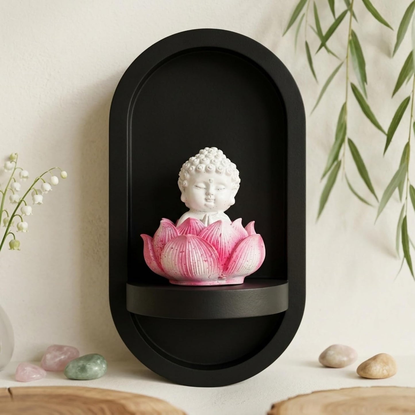 eCraftIndia White Lord Buddha Idol in Pink Lotus Base | Baby Buddha Statue for Car Dashboard Office Home Decor | Gift for Diwali Housewarming Birthday