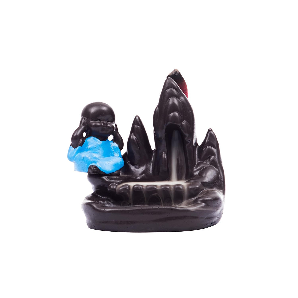 eCraftIndia Meditating Monk Buddha Smoke Fountain with 10 Backflow Cone Decorative Incense Holder, Brown, Blue