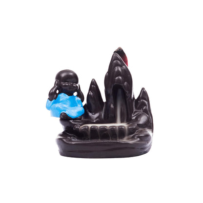 eCraftIndia Meditating Monk Buddha Smoke Fountain with 10 Backflow Cone Decorative Incense Holder, Brown, Blue