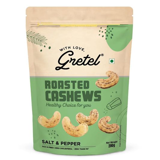 Gretel Salt & Pepper Roasted Cashews 200 gm | Crunchy Kaju Nuts | Rich in Protein & Antioxidants | Zero Cholesterol Dry Fruits | Vegetarian Healthy Snack | Brand of Singapore |
