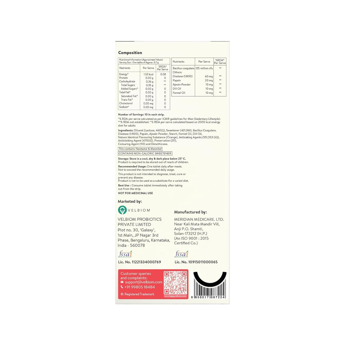 VELBIOM Happy Cultures Goodbye Gas, All Types of Gas Relief, Unique Blend of Probiotics 125 Million CFU, Ajwain Oil, Saunf Oil, Digestive Enzymes, Alleviates Gas, Bloating & Indigestion -30 Chewables
