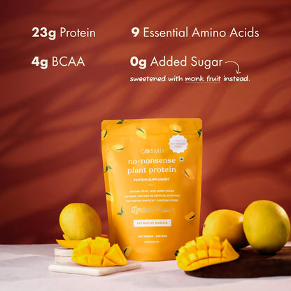 Cosmix No-Nonsense Plant Protein | 23 Protein/Serve, 1Kg Pouch | Ratnagiri Mango | Plant Based Protein, Pea & Rice Isolate | Clean, Easy to Digest | All Essential Amino Acids