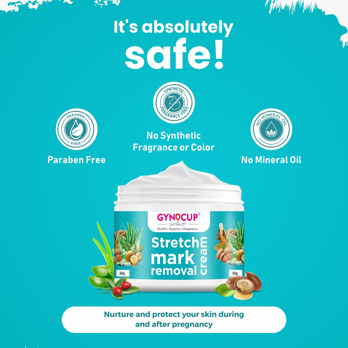 Gynocup stretch mark removal cream with safety features on a blue background