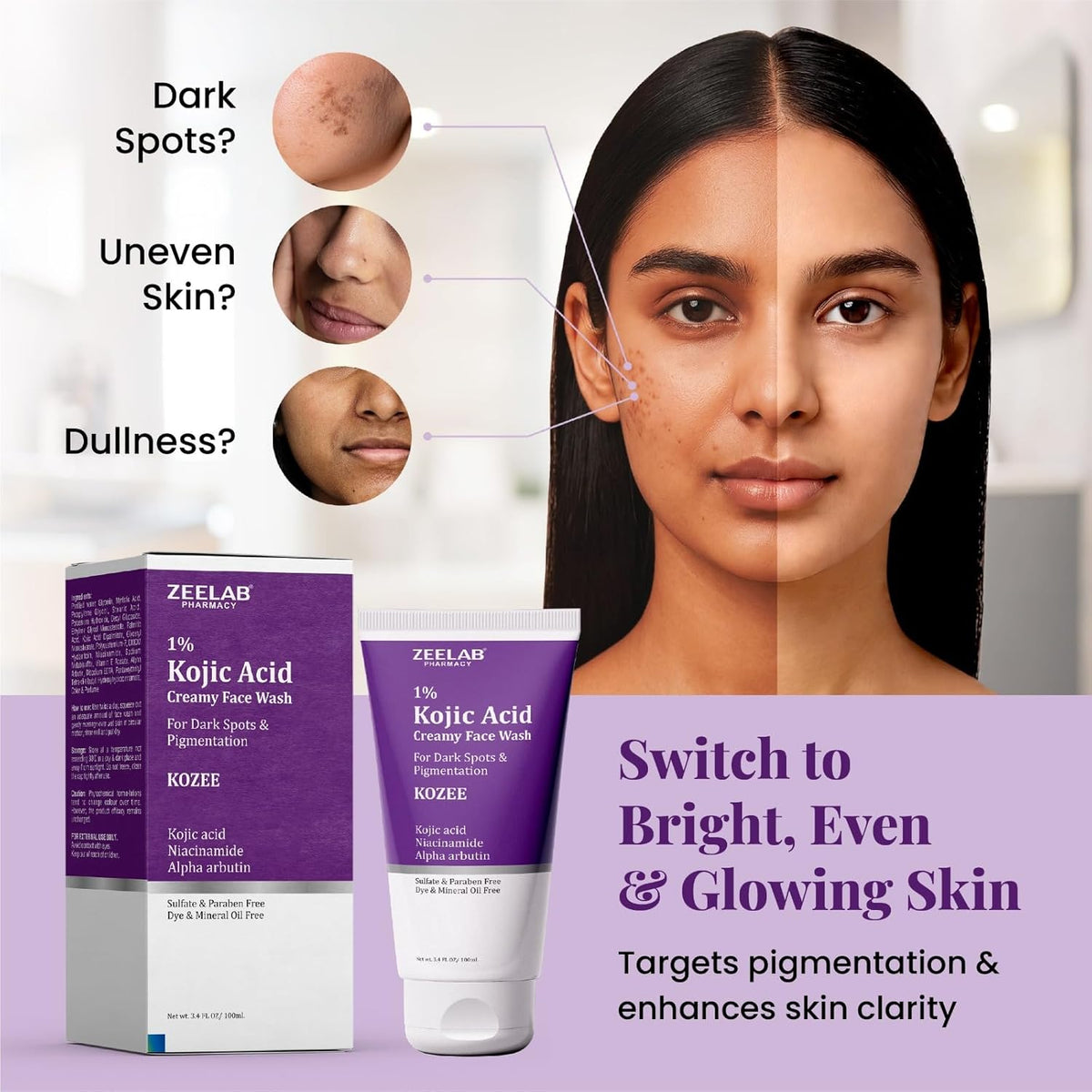 Zeelab Kojic Acid Creamy Face Wash with packaging on a light purple background