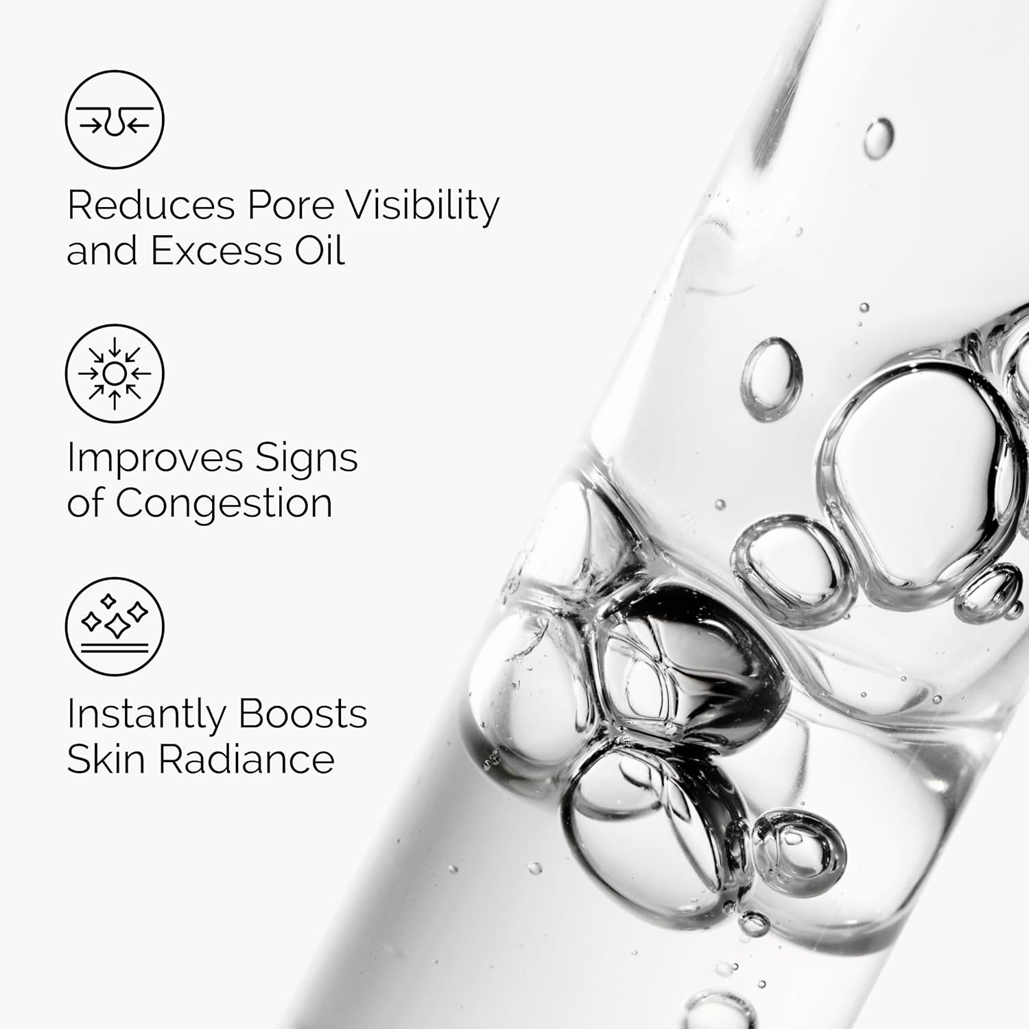 Product bottle with bubbles and text highlighting benefits on a white background