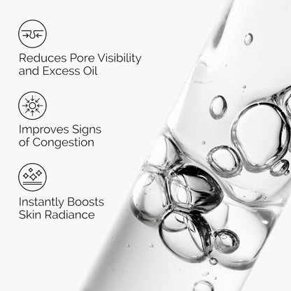 Product bottle with bubbles and text highlighting benefits on a white background