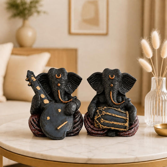 Resin Musical Ganesha Pair for Home Decor | Brings Prosperity - (Grey & Red, Pack of 2)