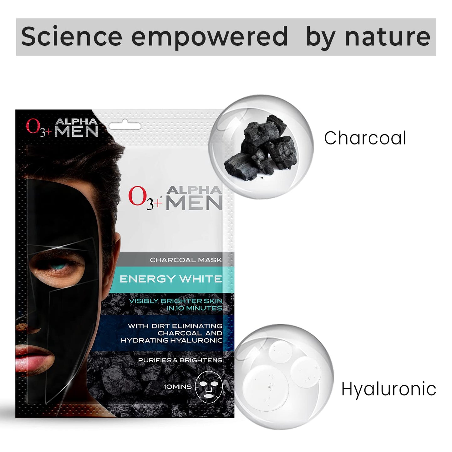 O3+ ALPHA MEN Energy White Charcoal Face Sheet Mask 30g with Charcoal & Hydrating Hyaluronic to Purify & Brighten Skin