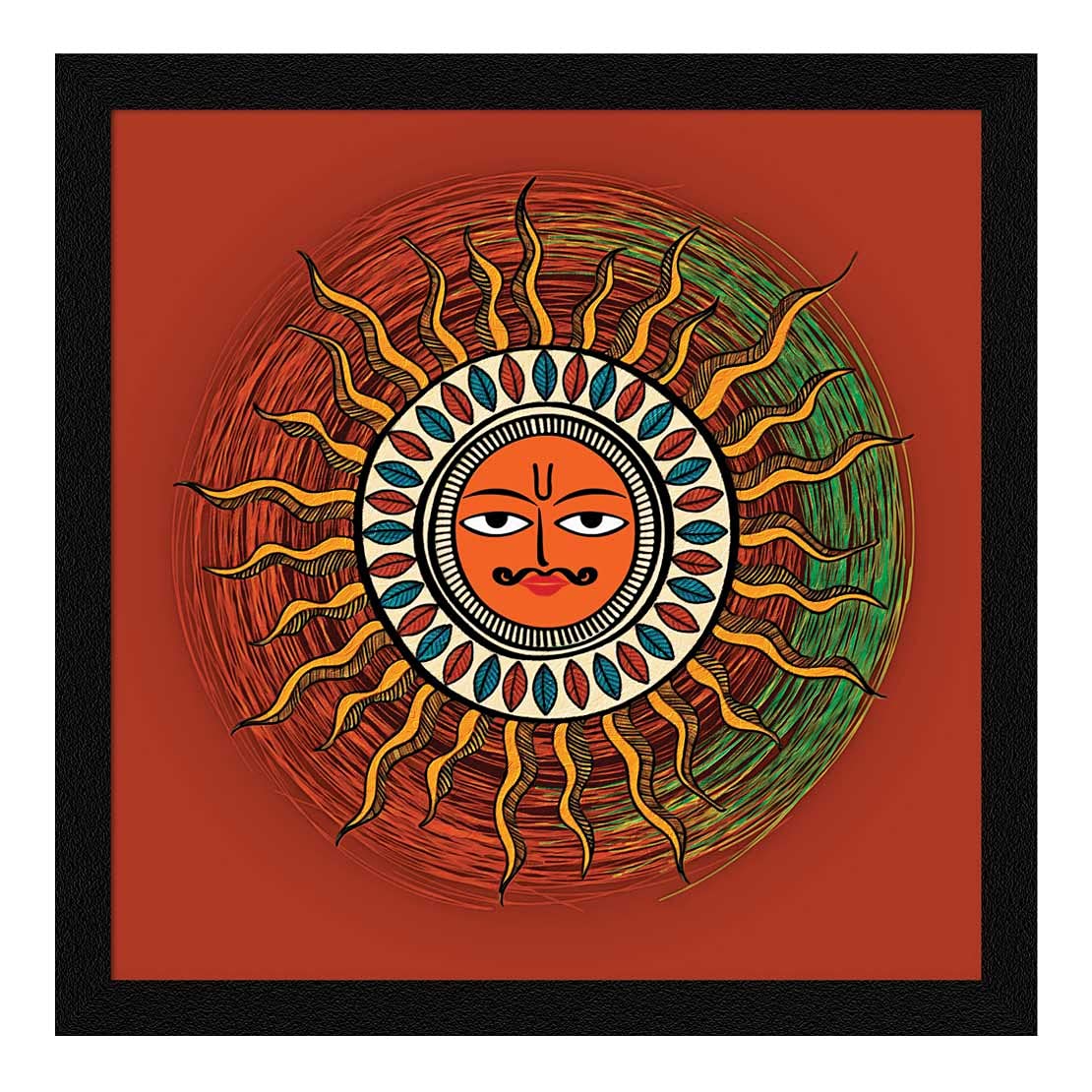 Sun Madhubani Art Painting, Sun Painting Vastu Wall Art, Photo Frame, Multicolor, Traditional, 13X13 in, Set of 1