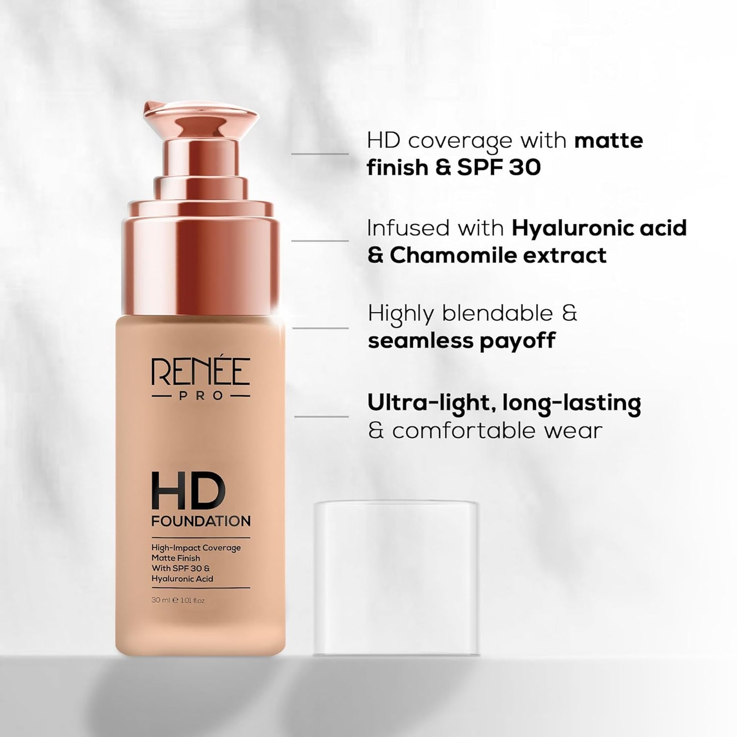 RENEE Pro Hd Foundation Matte Finish Lotion For All Skin Types|Highly Blendable Formula With Spf30|Weightless & Long Lasting|Full Coverage Enriched With Aloe,Coffee,Chamomile & Vitamin E,30 Ml,1 Count