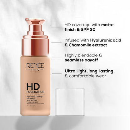 RENEE Pro Hd Foundation Matte Finish Lotion For All Skin Types|Highly Blendable Formula With Spf30|Weightless & Long Lasting|Full Coverage Enriched With Aloe,Coffee,Chamomile & Vitamin E,30 Ml,1 Count