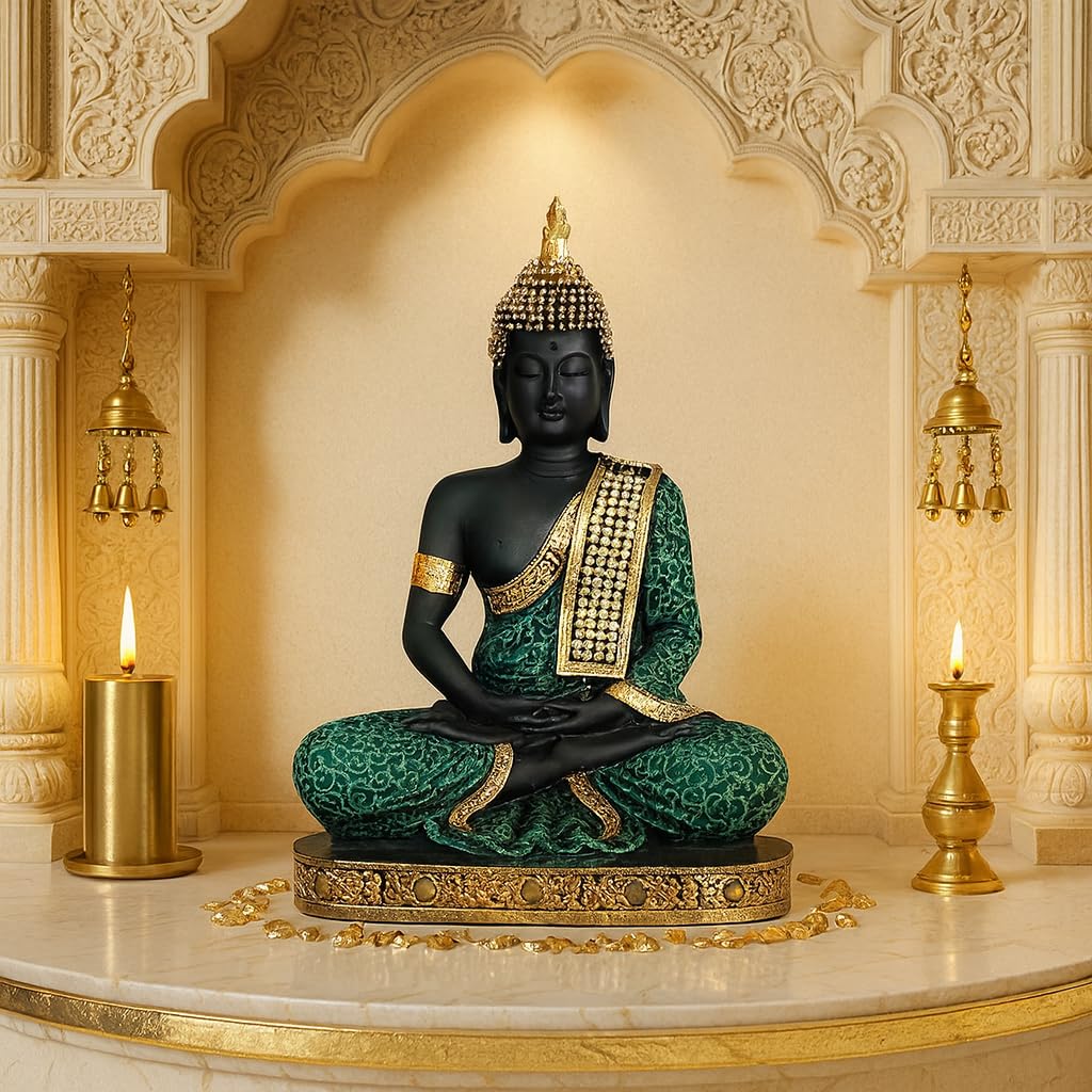 Beautiful Resin Meditating Buddha Statue for Home Decor (Pack of 1, Green & Black)