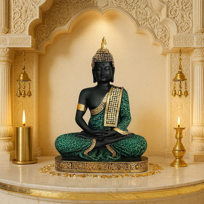 Beautiful Resin Meditating Buddha Statue for Home Decor (Pack of 1, Green & Black)