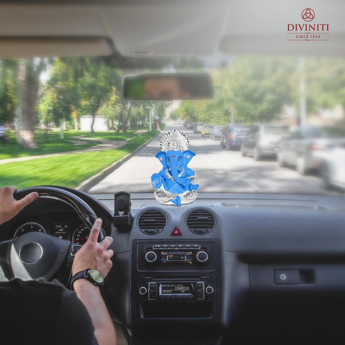 999 Silver Plated Resin Lord Ganesha Idol for Car Dashboard, Tabletop|Ganesh Statue for Good Luck and Success|Ganpati Murti for Home Decor Mandir, Office Desk Puja Gift Blue (8.4x4.2cm)