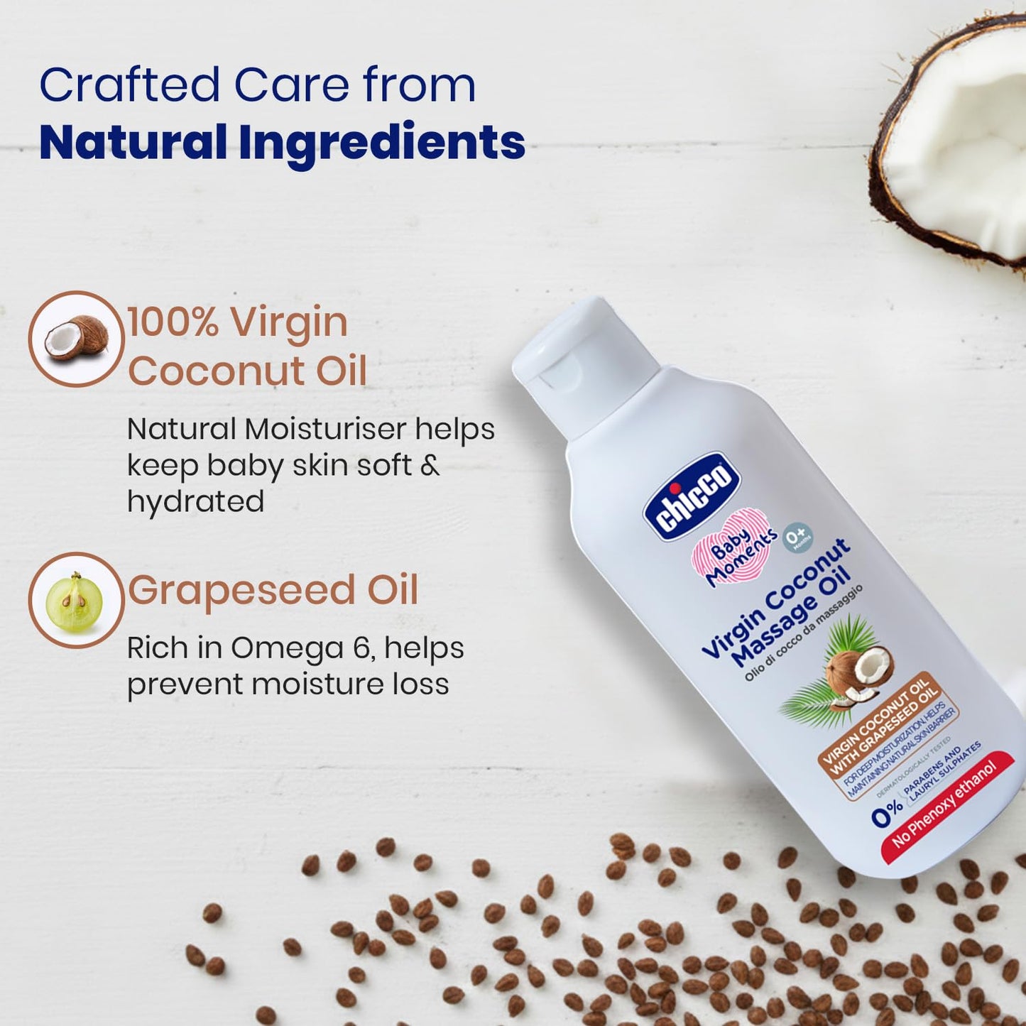 Chicco Baby Moments Virgin Coconut Massage Oil 200 ml | Deep Moisturization, Maintains Natural Skin Barrier | Dermatologically Tested | Paraben & Phenoxyethanol Free