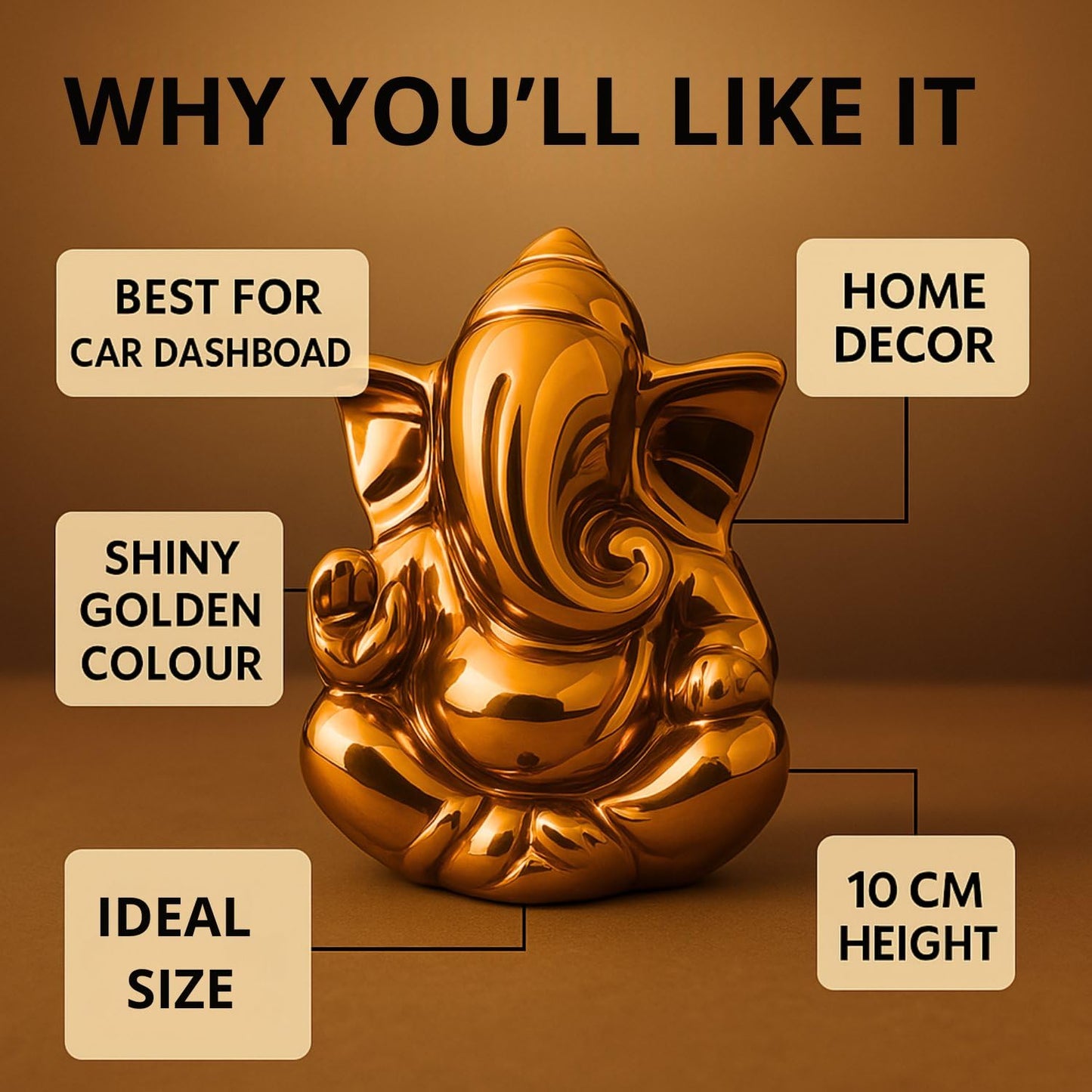 sculpmart Ganesh Idol for Home Decor & Car Dashboard | Ganesh Ji Murti Decorative Showpiece for Home Decor | Pooja Room & Office Desk (Golden) 10 CM