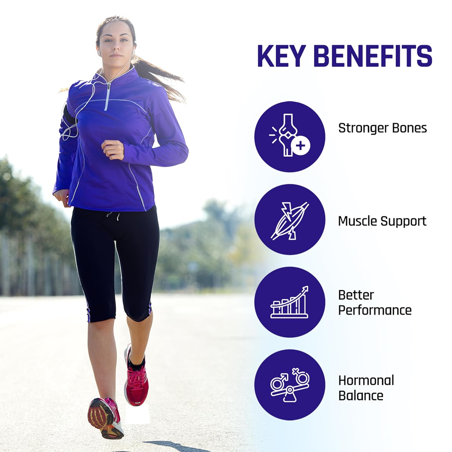 Woman running outdoors with key benefits of a product listed on the right.