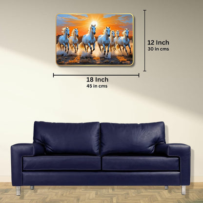 7 Running Horses MDF Wall Art 12x18 Inch | Golden Border Vastu Painting for Home & Office Décor | Modern Elegant Wall Hanging Frame for Living Room, Bedroom (Design 3)