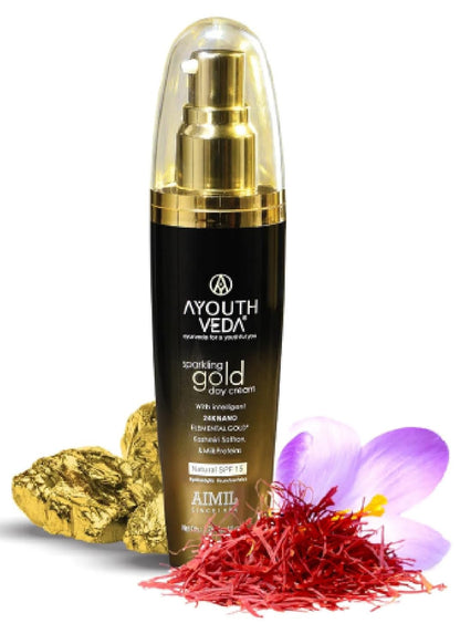 Ayouthveda Sparkling Gold Day Cream | 24K Nano Gold & Kashmiri Saffron | Anti-Ageing, Brightening & Blemish Reduction | Restores Skin Elasticity | Natural SPF Protection | For Dry to Normal Skin (50g (Pack of 1))