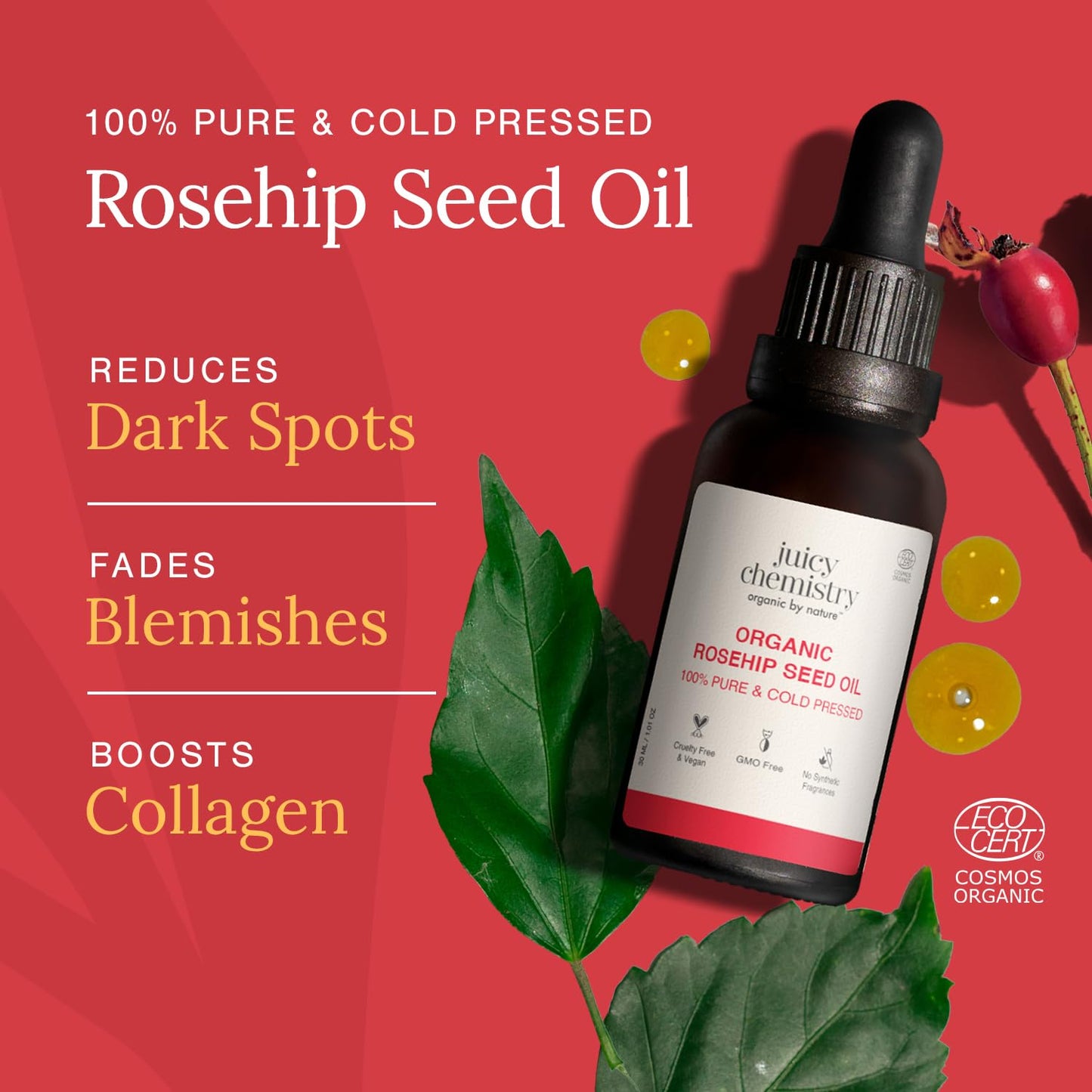 Juicy Chemistry 100% Pure & Certified Organic Rosehip Seed Oil, 30ml | Cold-Pressed & Therapeutic Grade | Fades Scars & Pigmentation | Brightens Skin Tone | Hydrating | Boosts Collagen | Anti Ageing | Dermatologically Tested