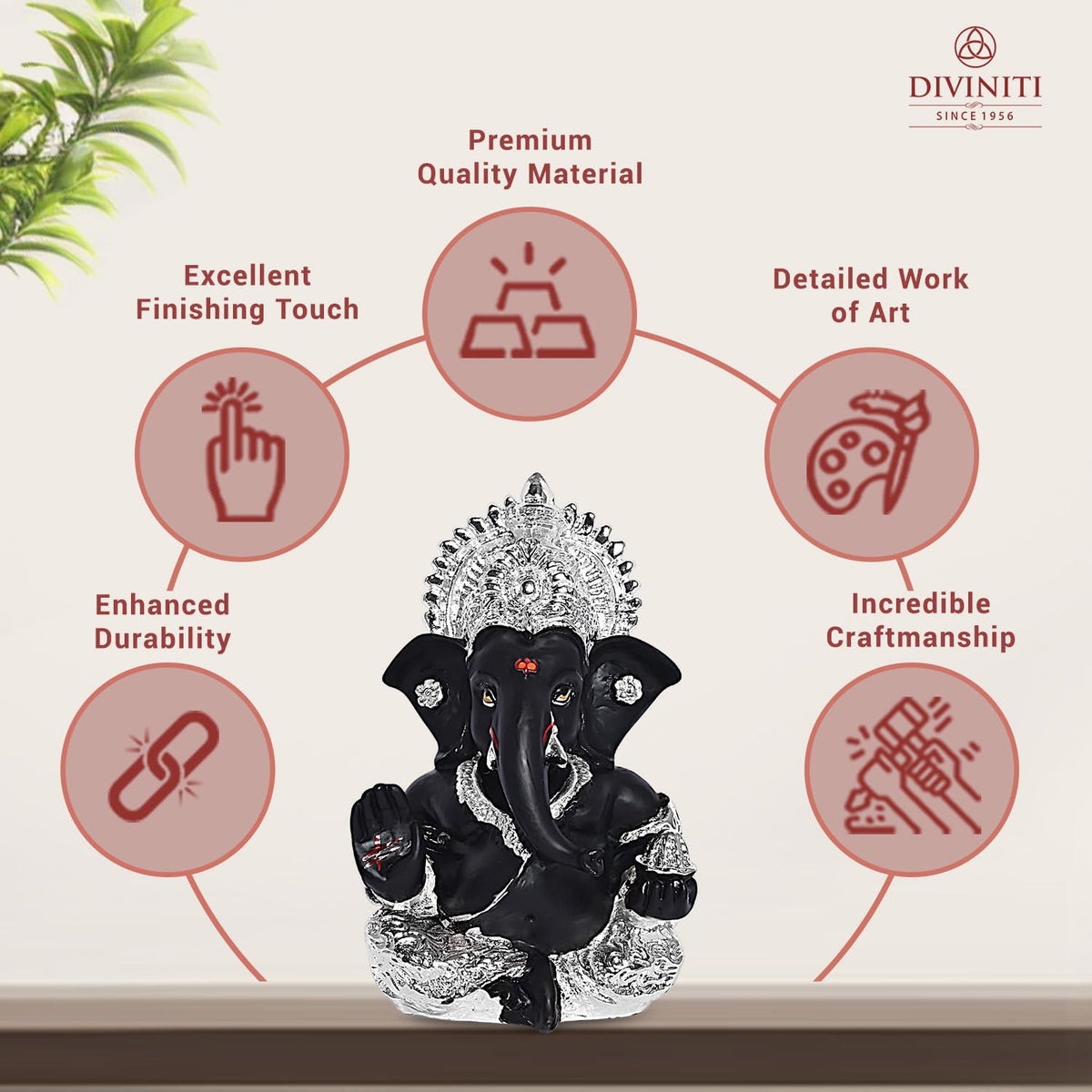 999 Silver Plated Resin Lord Ganesha Idol for Car Dashboard, Tabletop|Ganesh Statue for Good Luck and Success|Ganpati Murti for Home Decor Mandir, Office Desk Puja Gift Black (8.4x4.2cm)