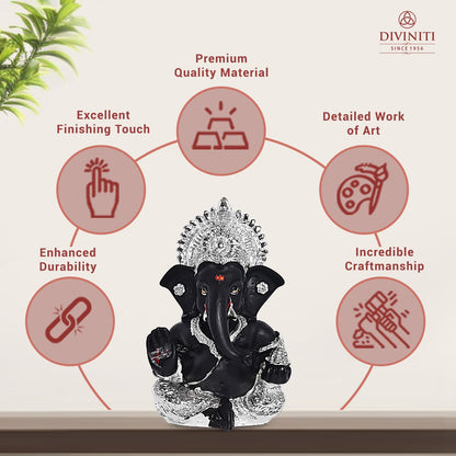 999 Silver Plated Resin Lord Ganesha Idol for Car Dashboard, Tabletop|Ganesh Statue for Good Luck and Success|Ganpati Murti for Home Decor Mandir, Office Desk Puja Gift Black (8.4x4.2cm)