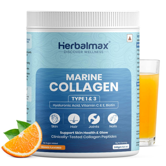 Herbal Max Marine Collagen Powder | Orange Flavour | Type I & III Hydrolyzed Collagen Peptides with Hyaluronic Acid, Vitamin C, Vitamin E & Biotin | Supports Skin, Hair, Nails, Bones & Joints | 240g