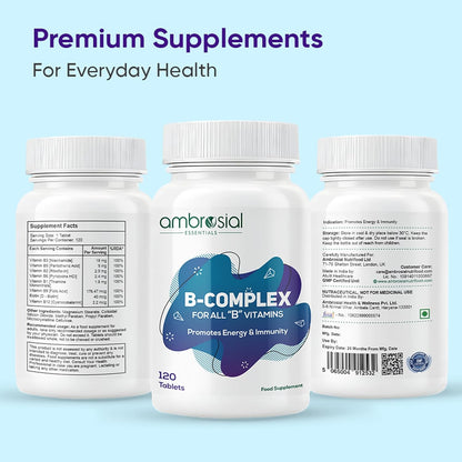 Three bottles of ambrosial B-Complex supplements on a light blue background