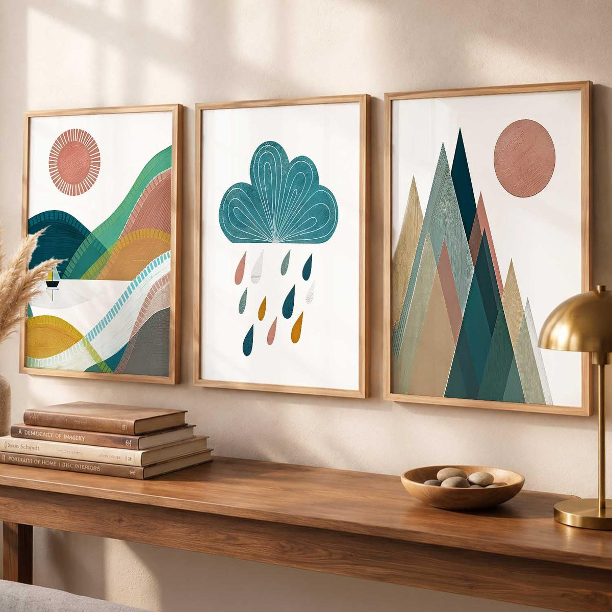 Boho Art Home Decoration Paintings With Frame For Living Room Bed Room Hotel Wall Decor Digital Reprint Set of 3 (13X17 inch)