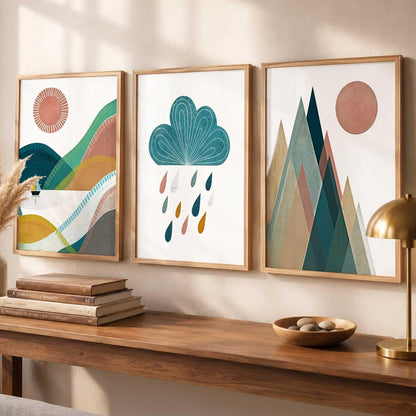Boho Art Home Decoration Paintings With Frame For Living Room Bed Room Hotel Wall Decor Digital Reprint Set of 3 (13X17 inch)