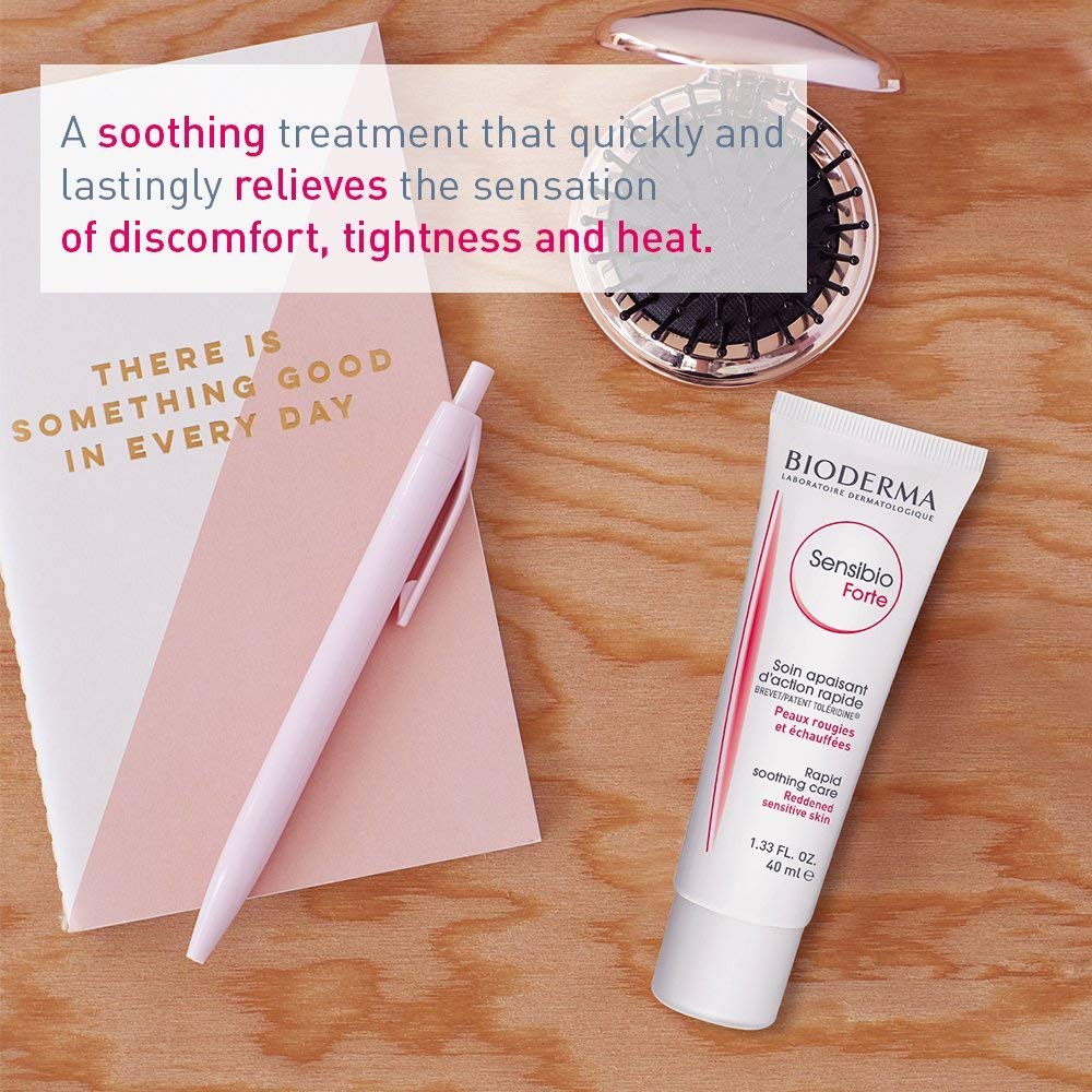 Bioderma skincare product on a wooden surface with text about discomfort relief.