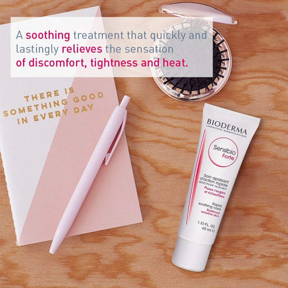 Bioderma skincare product on a wooden surface with text about discomfort relief.