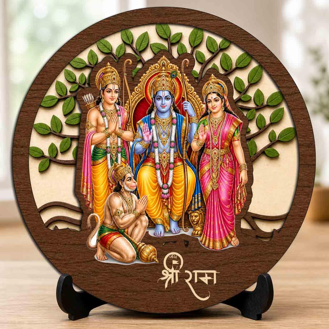 Plan To Gift Ram Darbar Round Wooden Devotional Idol with Stand for Puja Room, Home Decor & Religious Gift - 5x5 Inch